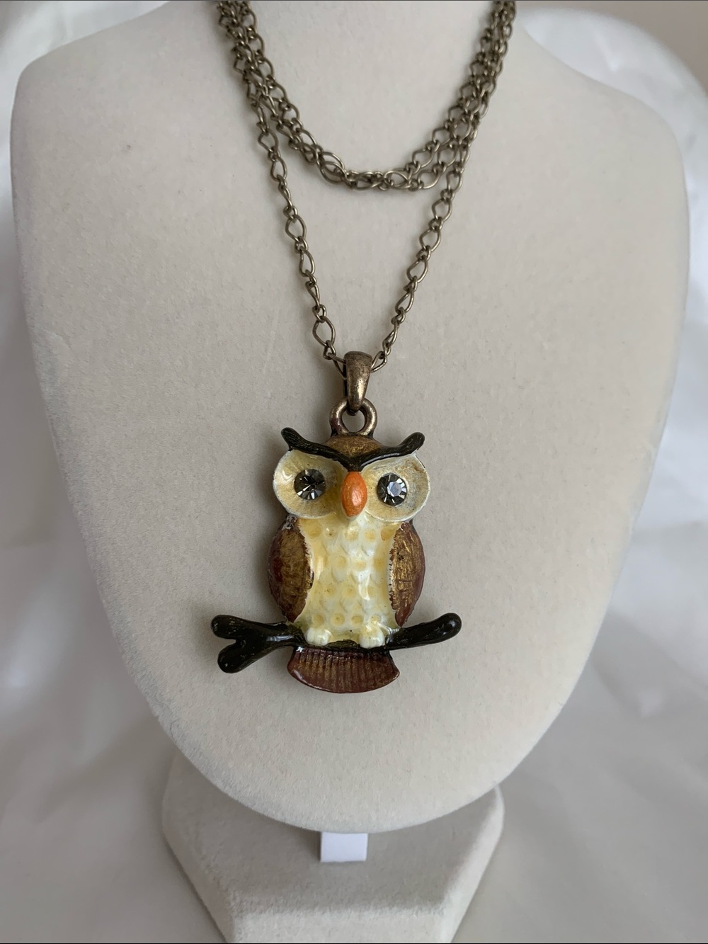 Vintage Owl Pendant Necklace in Cream and Brown